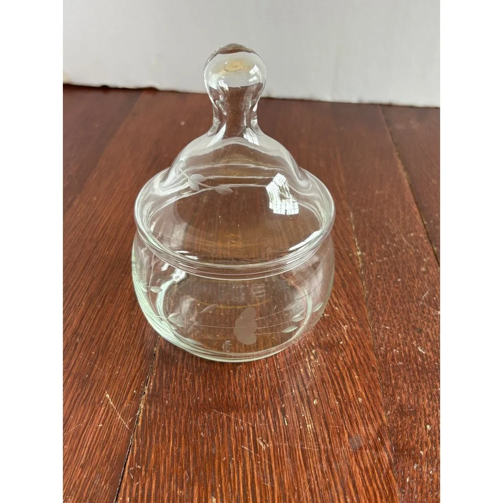 Princess House Heritage Etched Glass Candy Dish with Lid‎ Round Clear Floral Jar